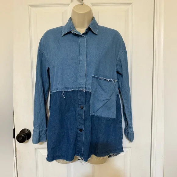 Zara Trafaluc Patchwork Denim Shirt Frayed Hem Y2K XS - Picture 3 of 6